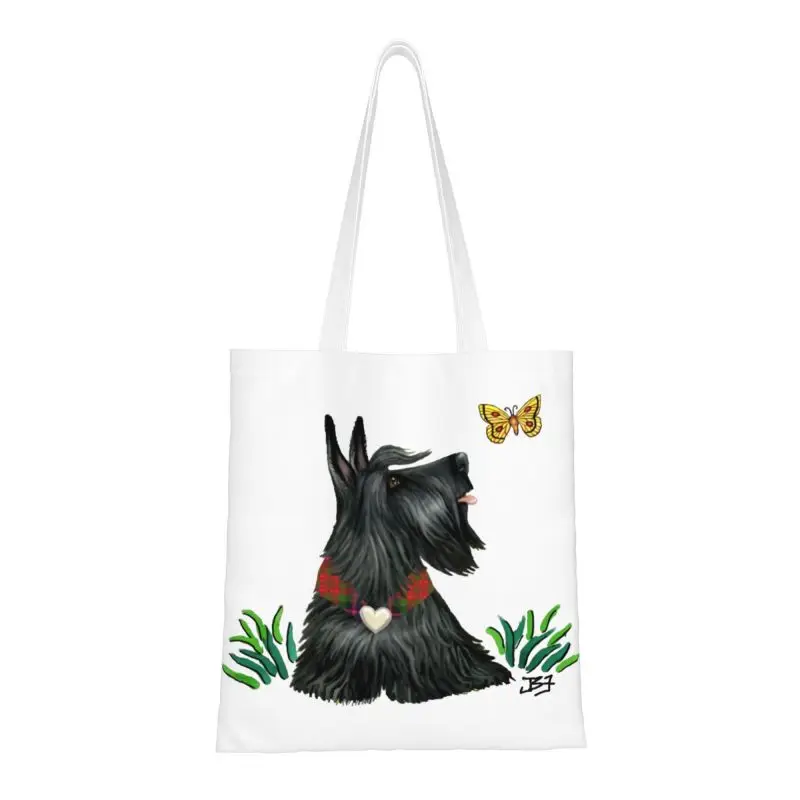 Scottish Terrier Watching A Butterfly Grocery Shopping Tote Bag Donna Custom Scottie Dog Canvas Shoulder Shopper Bags Borse