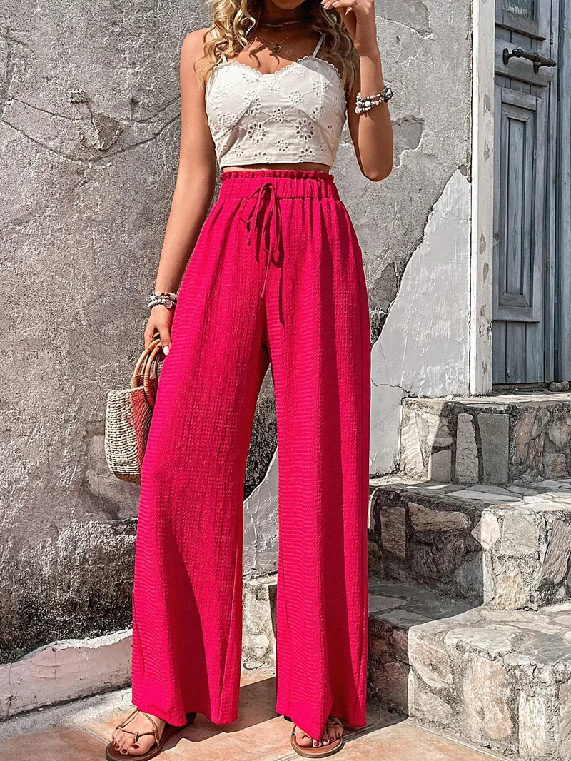 Women's 2024 Spring and Summer New Fashion Everything with Bubble Lattice Leisure Wide Leg Pants