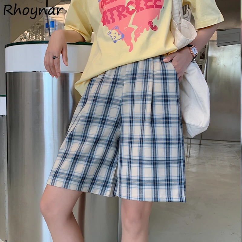 

Женские летние клетчатые шорты с широкими штанинами, Новое поступление в эстетике, эластичные Мешковатые повседневные милые шорты с высокой талией в Корейском стиле Харадзюку для колледжа