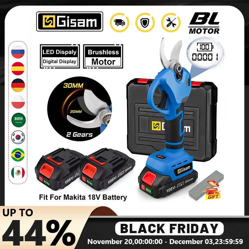 GISAM Electric Pruner Shear 30mm, 2 gear digital brushless cordless design, efficient fruit tree and bonsai branch cutter, compatible with Makita 18V battery