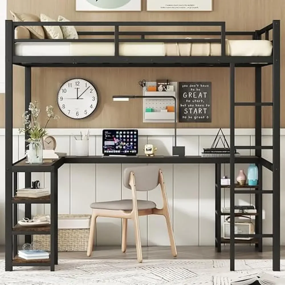 Full Size Loft Bed with Desk and Storage Shelves Industrial Style Heavy Duty Loft Bed Kids Teens Full Size L-Shaped Desk and 6 3