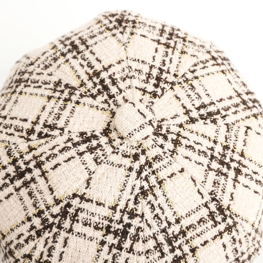 Baskenmütze Frauen Zeitungsjunge Mütze Frühling Herbst Plaid Achteckige Hüte Für Frauen Mode Stil Süße Casual Neue Vintage – Detail 3