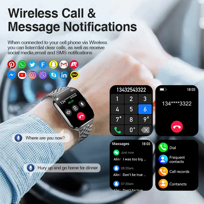 LIGE Ultra-Thin Smartwatch For Android iOS 1.96" AMOLED HD Screen Bluetooth Call Blood Pressure Men Women Smartwatch Ladies Gift