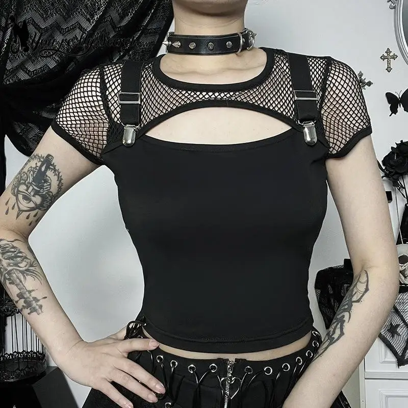 

[You're My Secret] Summer Goth Mesh Sexy Black T-Shirt Women Hollow Out Punk High Street Crop Top Grunge Fashion Harajuku Tees