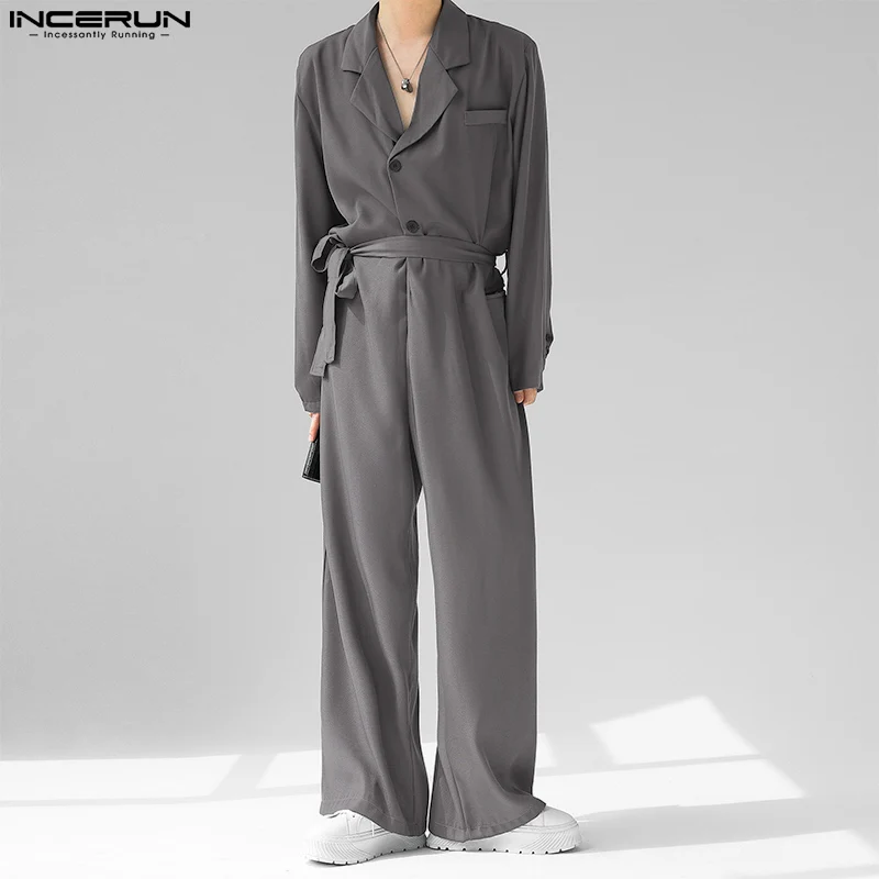 Men Jumpsuits Solid Color Lapel Long Sleeve Streetwear Korean Style Rompers Loose Casual Overalls S-5XL