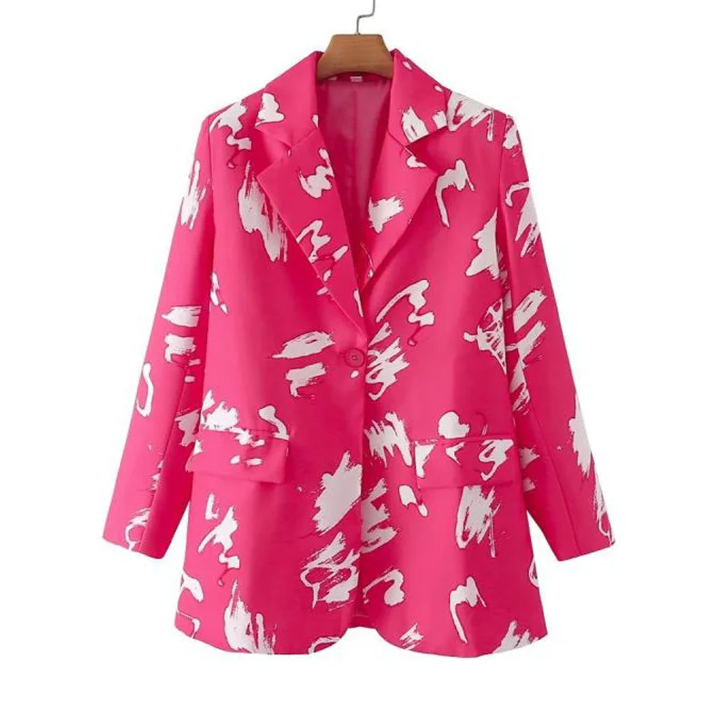 

Spring New Korean Loose Rose Red Printed Ladies Short Suit Jacket Notched Collar Long Sleeve Single-breasted Women Blazers Coat