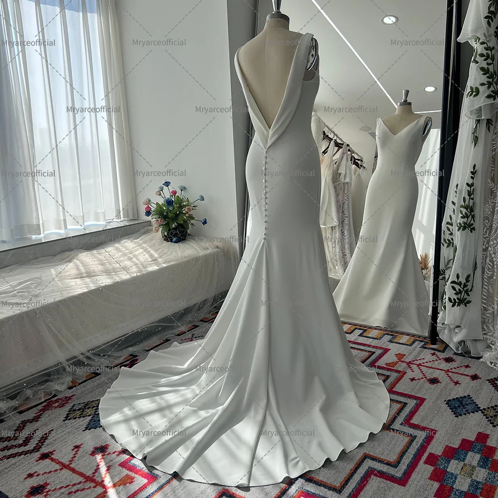 Mryarce 2025 Minimalism Wedding Dresses V Neck Stretch Mermaid Open Back Bridal Gowns With Detachable Train 2