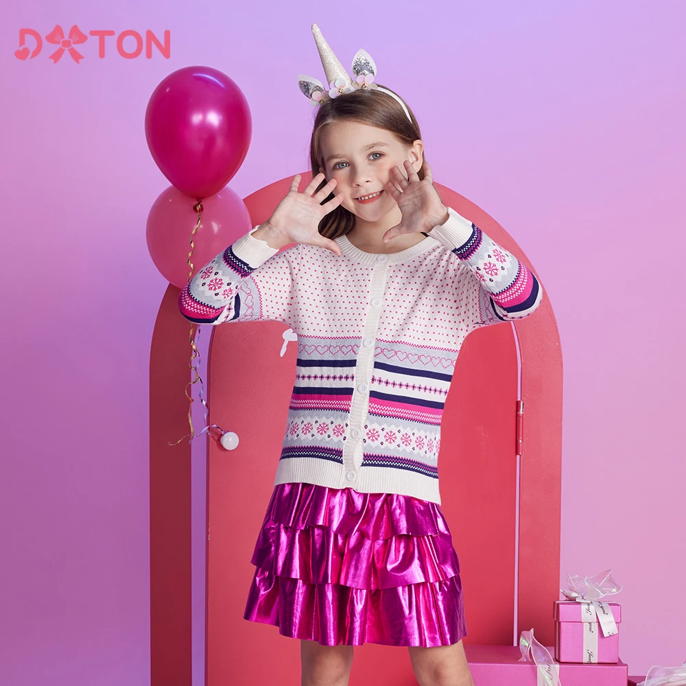 DXTON 소녀 카디건 스웨터, 어린이 하트 눈송이 프린트, 가을 겨울 크리스마스 새해 선물 스웨터, 어린이 상의 의류