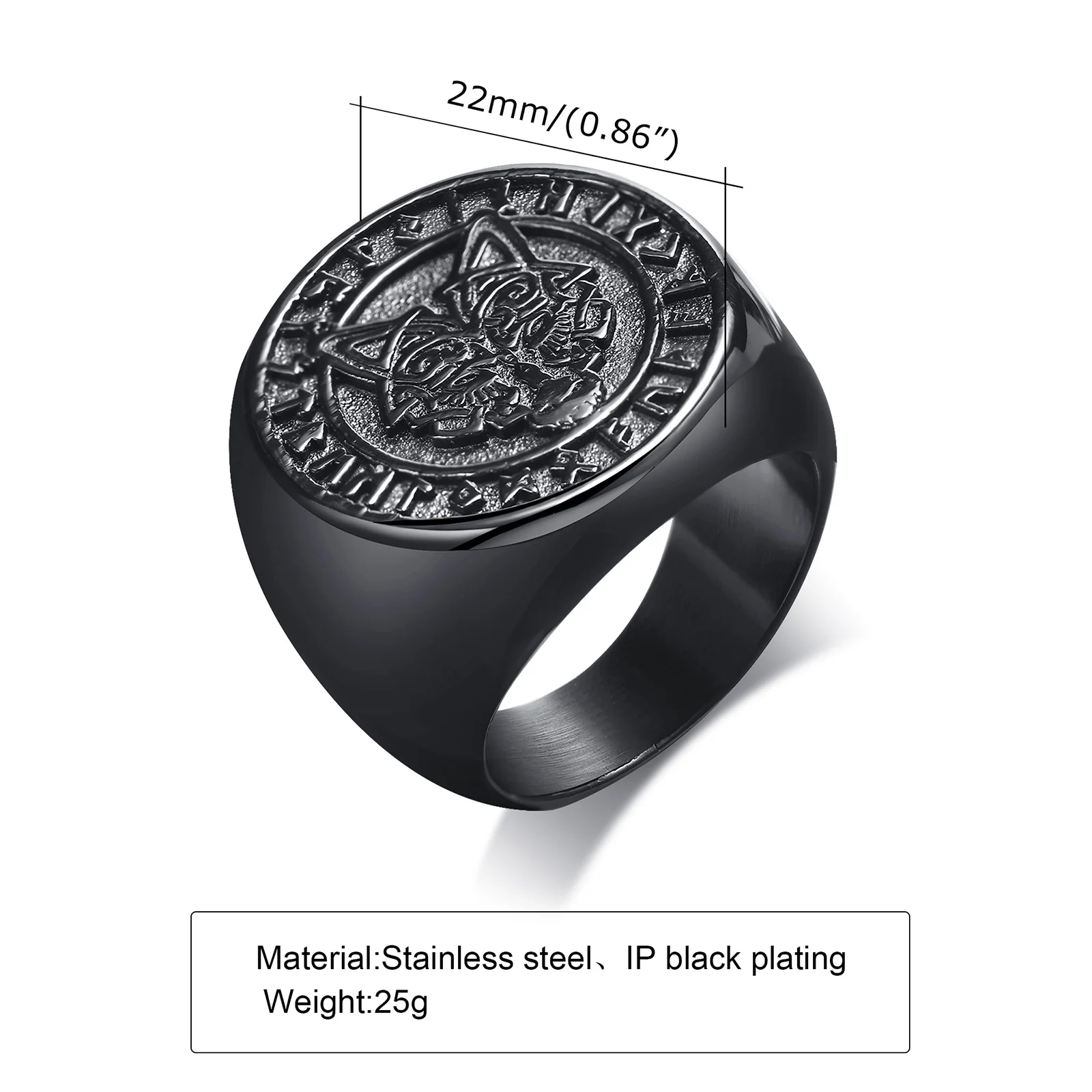 Vnox 22mm Signet Ring for Men, Black Round Top Nordic Viking Wolf