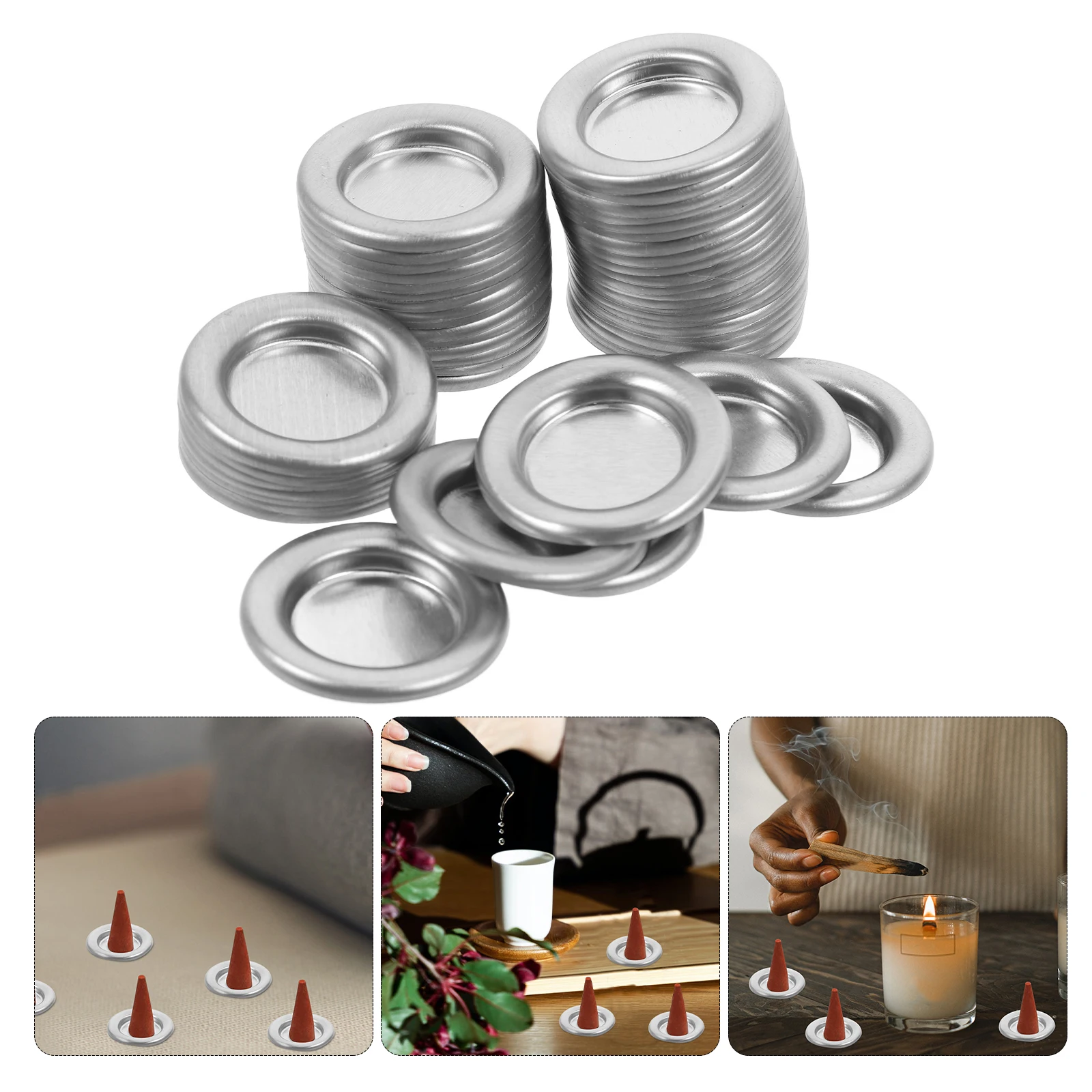50Pcs Incense Cone Holder Incense Cone Tray Plate Aluminum Alloy Sliver Container For Holder Zen Buddha Supplies