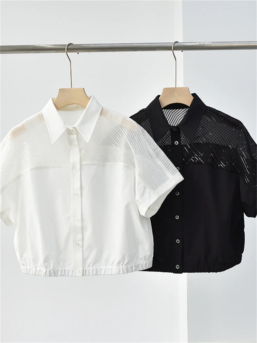 

Women Sequin Patchwork Decoration Blouse 2023 Summer New Ladies Turn Down Collar Single Breasted Short Sleeve Solid Color Shirt