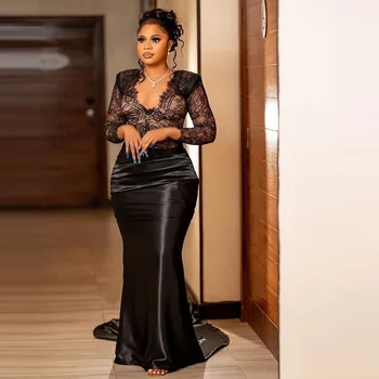 Yemisi Long Sleeves V Neck Lace And Satin Mermaid  Gown