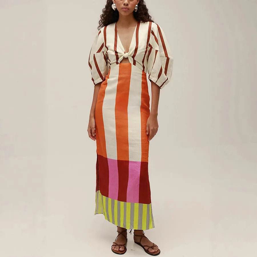 Women Spring Summer New Floral Flower Color Stripes Printed Linen Dress  Casual Vacation Loose Dress Maxi Long - AliExpress
