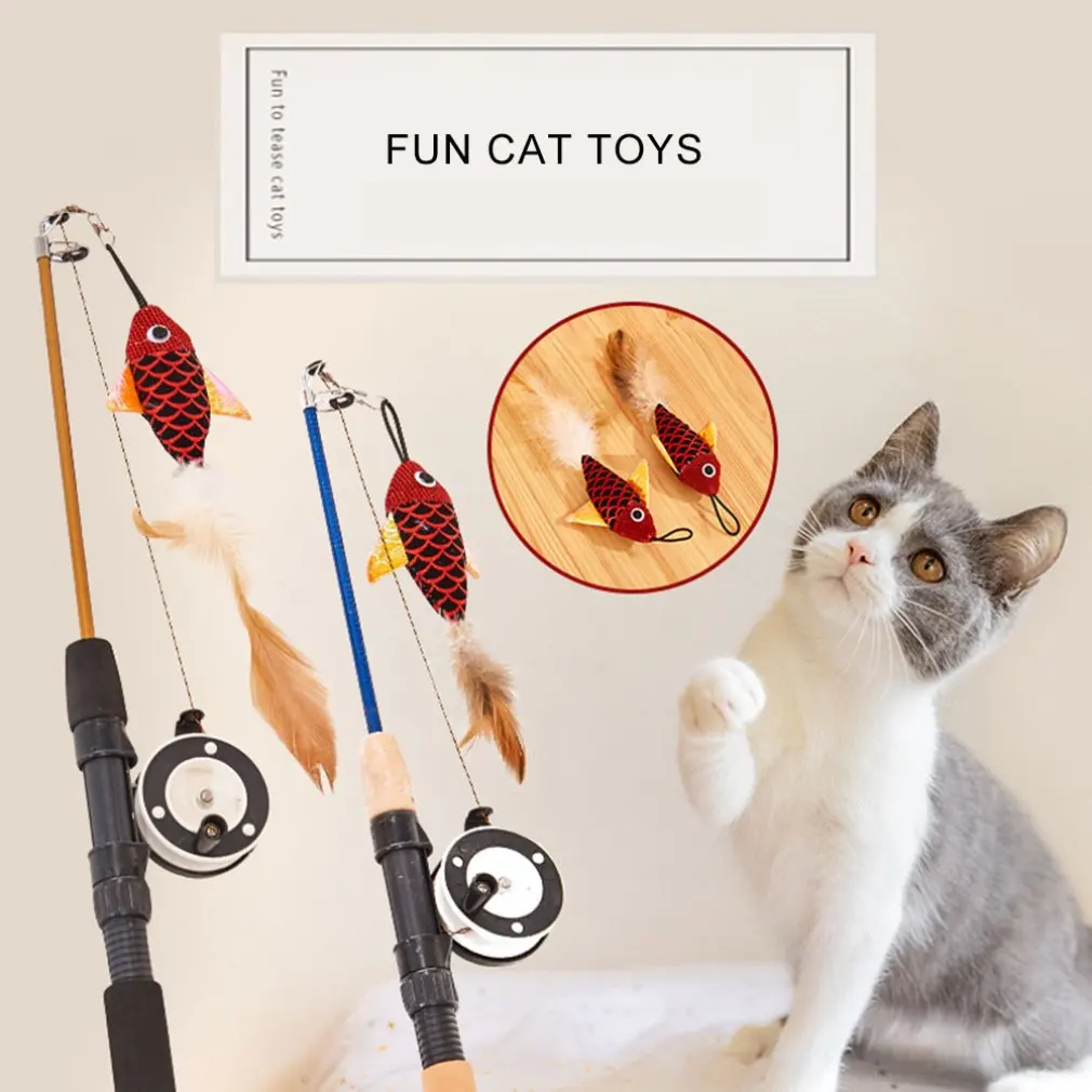 kitten teething toys Retractable Cat Toy Fish Type Telescopic Feathers Funny Cat Stick Pet Toy Cat Rods Simulation Fishing Rod interactive dog toys