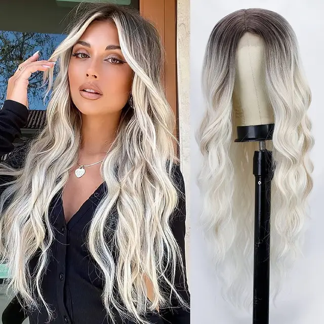 Synthetic Lace  Wigs For  Women  Middle Parting  26inch Long Wavy Hair Cosplay/Daily  3 Color optional   High Temperature Fiber 222-GXNYL2396-R40127