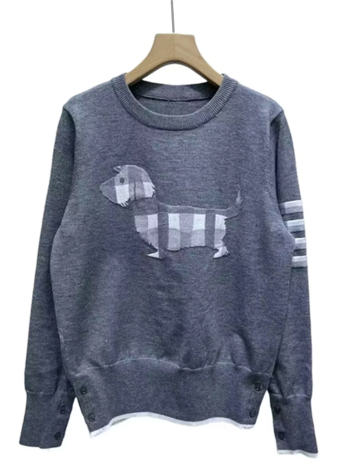 Casual Knitted Sweater Women's Loose Top Korean Sle College Sle Dog Pattern Plaid Four Stripe Overhead Sweater Trendy