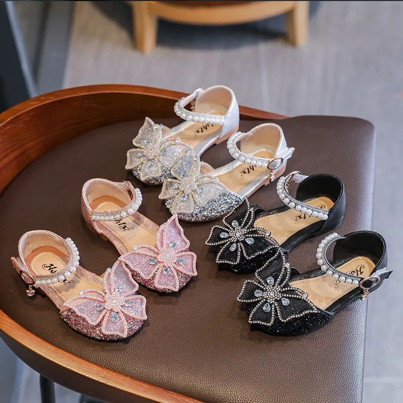 Yalindars Girls princess spring new baby children girl fashion rhinestone bow leather shoes with butterfly accessory