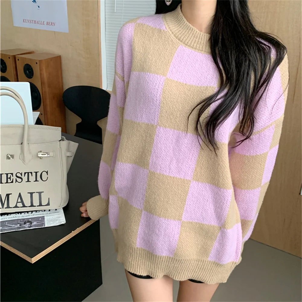 

Alien Kitty Plaid Hot Sale Women Sweaters OL Spring Loose-Fitting Gentle 2023 Sweet Knitwear Pullovers New Slim Soft Casual