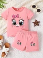 Ensemble deux pièces pour bébé fille de 0 à 3 ans, col rond, manches courtes, motif de chat de dessin animé mignon, short simple, pour le printemps et l'été 1