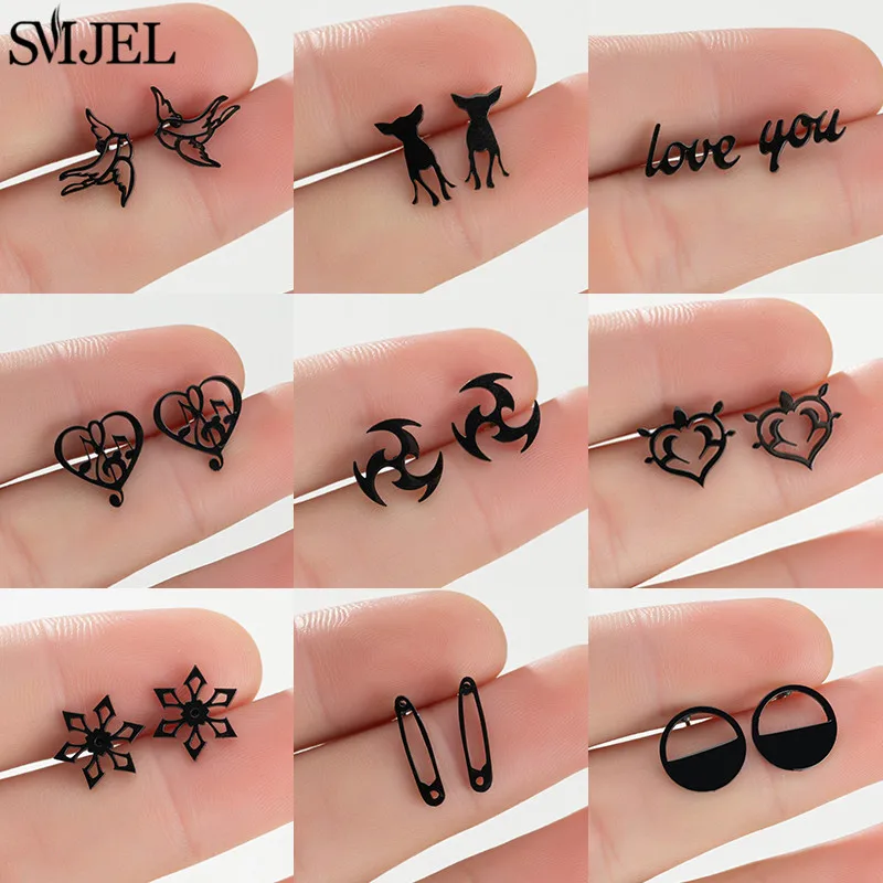 2026 Schwarze Edelstahl-Ohrringe Geometrische Punk-Schneeflocken-Pins Herz-Schwalben-Ohrstecker Modeschmuck Geschenk für Freunde