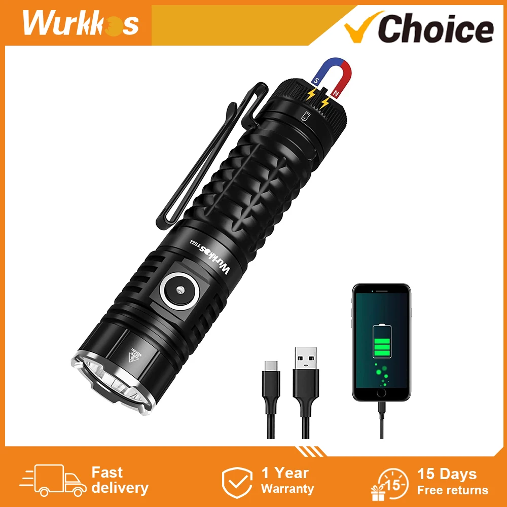 Wurkkos-TS22 Rechargeable 21700 LED Flashlight XHP70.2 Powerful Max 4500LM IP68 with Magnet Tail & Reverse Charging for Hiking