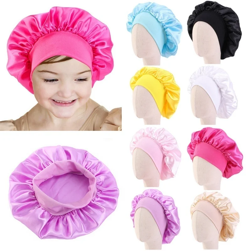 Kids Girls Boys Silky Satin Bonnet Cap Turban Hat 8 Colors Wide Elastic Bands Night Sleep Cap sleeping hat