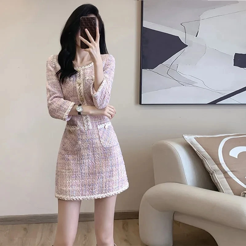 

Spring Autumn Women's 3/4 Sleeves Coarse Woolen Round Neck Fragrant Dress