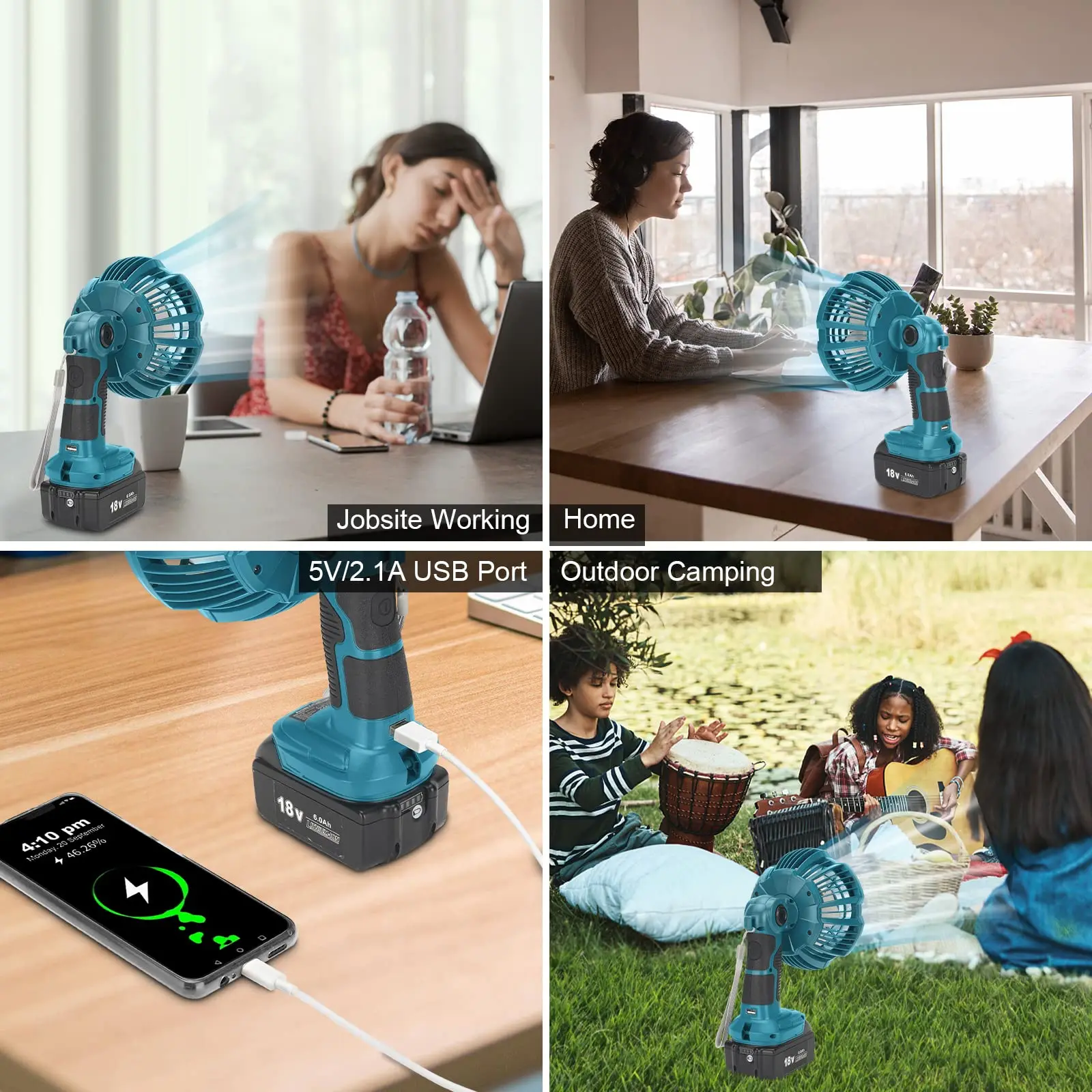 Beytvyow Cordless Fan for Makita 18v Battery with LED Light USB-A Fast Charging