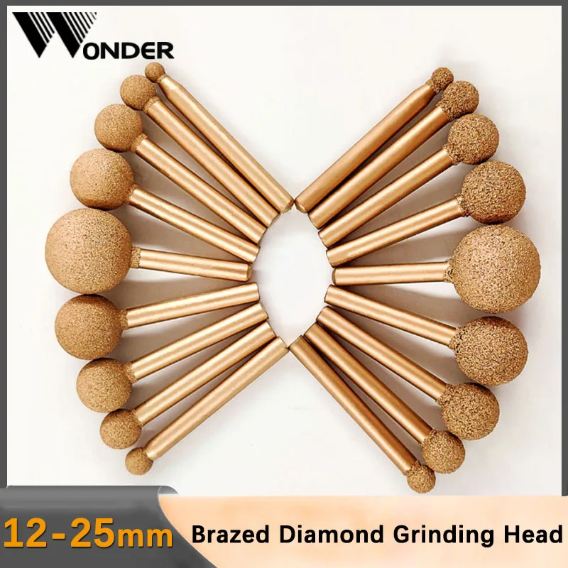 

Brazed Diamond Grinding Head 12mm-25mm Burrs Carving Peeling For Jade Stone Concrete Ceramic Mill Handle 6mm Shank Grit 100# 46#