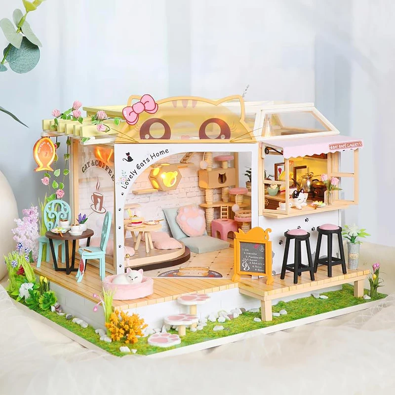 DIY Kat Cafe Poppenhuis Miniatuur Kit Kat Koffie Shop 3D Model Kits