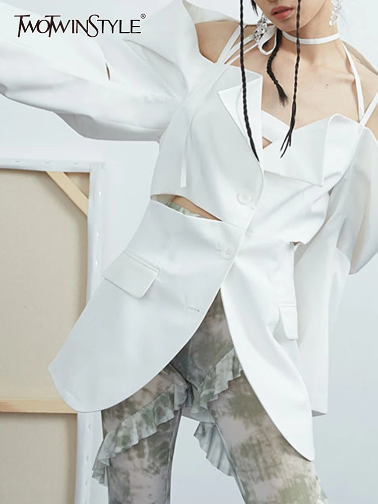 

TWOTWINSTYLE White Hollow Out Blazer For Women Notched Collar Long Sleeve Patchwork Lace Up Blazers Female Clothes Style Fashion