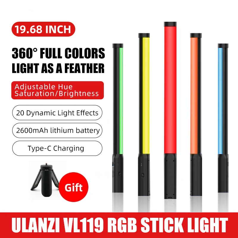 

Ulanzi VL119 Colorful Stick Light Handheld 95+ 2500K-9000K RGB 19.68 inch Handheld LED Light Wand CRI Photography Studio Lamp