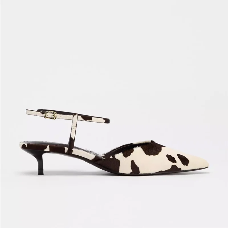 Womens Sandals,Women Shoes Summer Mid heels Leopard Print Genuine Horse Leather Pointed Toe