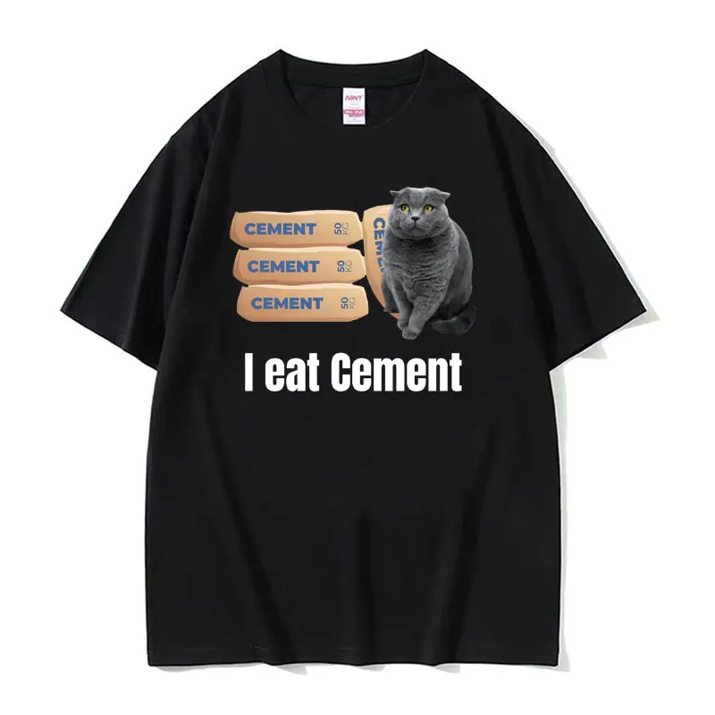I Eat Cement Cursed Cat Funny Meme T Shirt Men Women's Fashion Humor Short Sleeve T Shirts Male High Quality Cotton T-shirt Tops