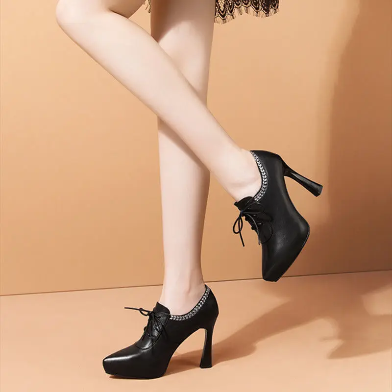 

FHANCHU 2022 New Women Platform Pumps,High Heels,Fashion Chain Spring Shoes,Front Lace-up,Pointed toe,Black,Beige,Dropship