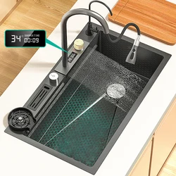 Digital Display Embossed Waterfall Sink Stainless Steel Large Single Sink Kitchen Household Sink Dishwasher Sink Right Side Down