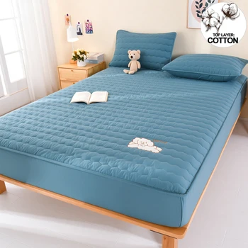 Housse de matelas hypoallergénique brodée de luxe, protection de matelas respirante, drap-housse Anti-acariens et antibactérien, bleu 1
