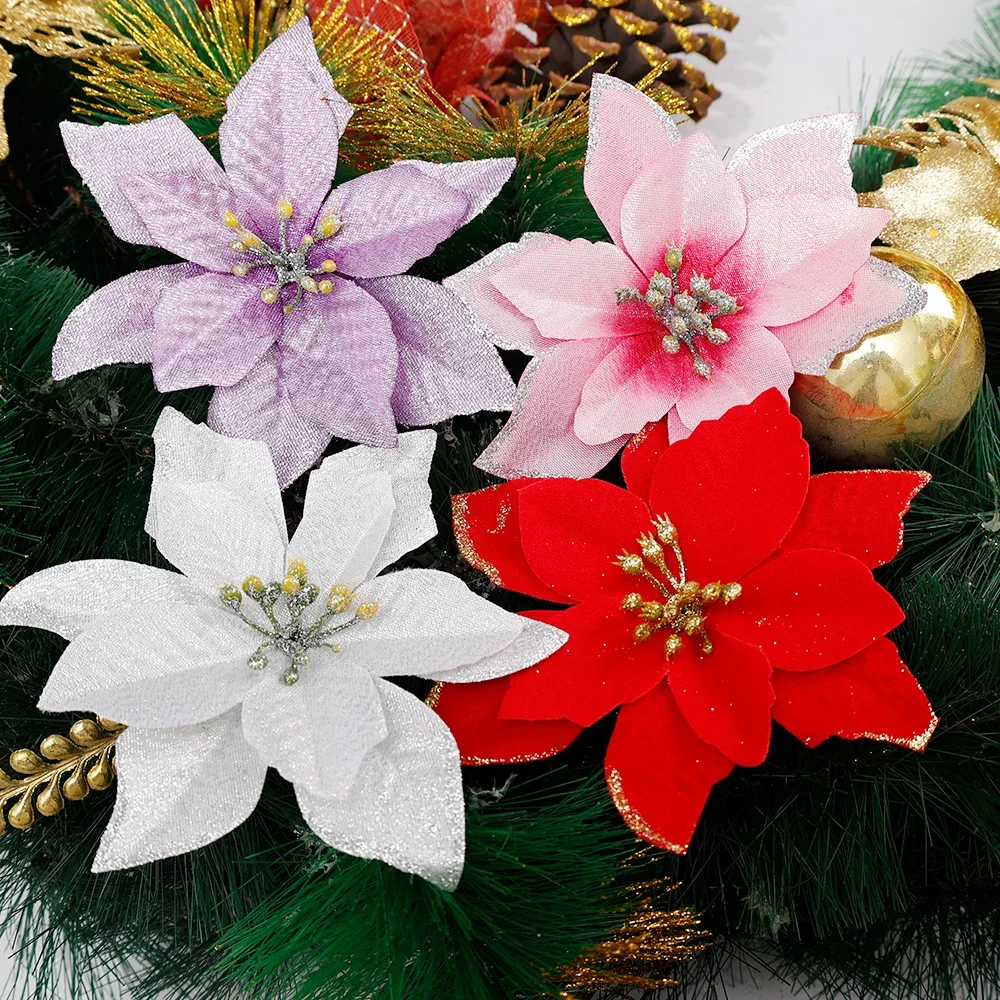 Artificial Glitter Xmas Flower Poinsettia Flower Head Christmas Tree Wreath Ornament Home Decoration Navidad New Year Decoration