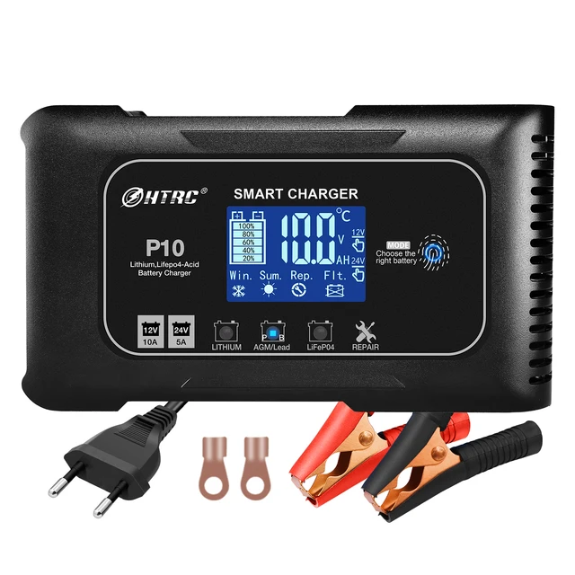 HTRC HTRC 12V 20A 24V 10A Fully-Automatic Smart Car Battery Charger Lithium LiFePO4 Float Charger Trickle Charger Maintainer/Pulse Repair Charger For