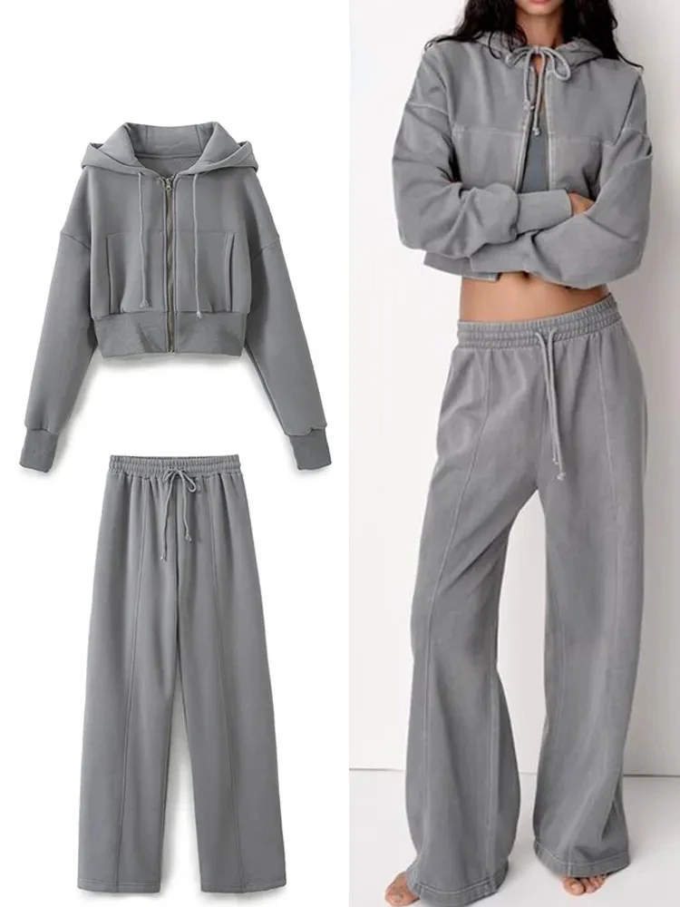 New Women's Trousers Suit Fashion Long Sleeve Zipper Coat elastic Hem Short Side Pocket Hooded Basic Coat And Trousers Suit 2