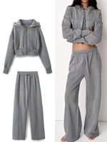 New Women's Trousers Suit Fashion Long Sleeve Zipper Coat elastic Hem Short Side Pocket Hooded Basic Coat And Trousers Suit 2