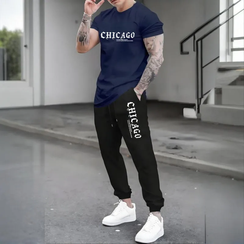 CHICAGO Print Men Tracksuit Set Jogger Clothing For Man Casual Suit Short Sleeve Tshirts+Trousers 2 Piece Outfits Streetwear 4