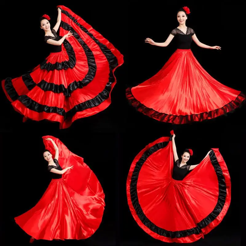 Adult Kids Gypsy Girl Women Spanish Flamenco Skirt Striped Satin Silk Big Swing Belly Dancing Red Skirt For Team Performance