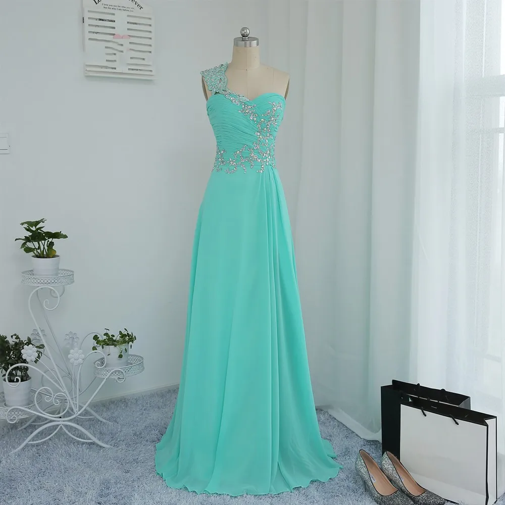 

Turquoise Prom Dresses A-line One-shoulder Chiffon Beaded Slit Sexy Long Prom Gown Evening Robe De Soiree Haute Couture