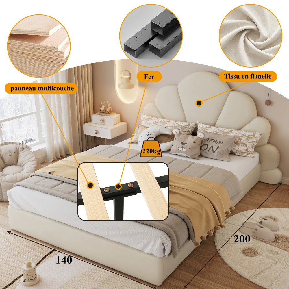 Gepolstertes Doppelbett, Kopfteil mit gebogenen Blütenblättern, stilvoll und bequem, moderner Bettrahmen, Samt, Beige, 140 x 200 cm – Detail 10