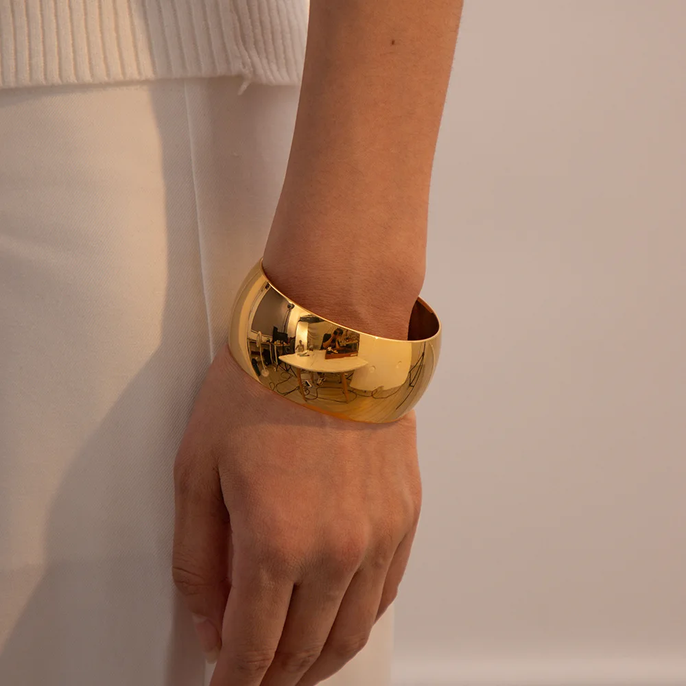 316 Stainless Steel Waterproof Geometric Irregular Open Bangle Cuff Gold Color Lava Textured Wide Bracelet Punk Vintage Jewelry