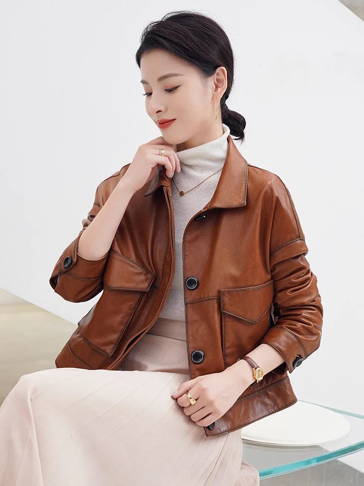 

Spring and Autumn New Haining Sheepskin Leather Coat Women's Short Small Lapel Jacket