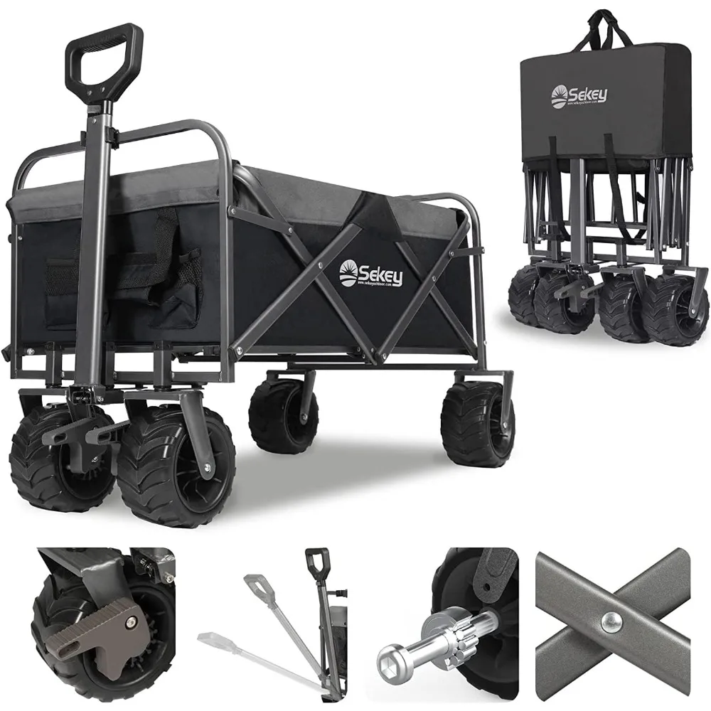 

Collapsible Foldable Wagon with 220lbs Weight Capacity,Heavy Duty Folding Garden Cart with Big Beach Brake Wheels &Drink Holders
