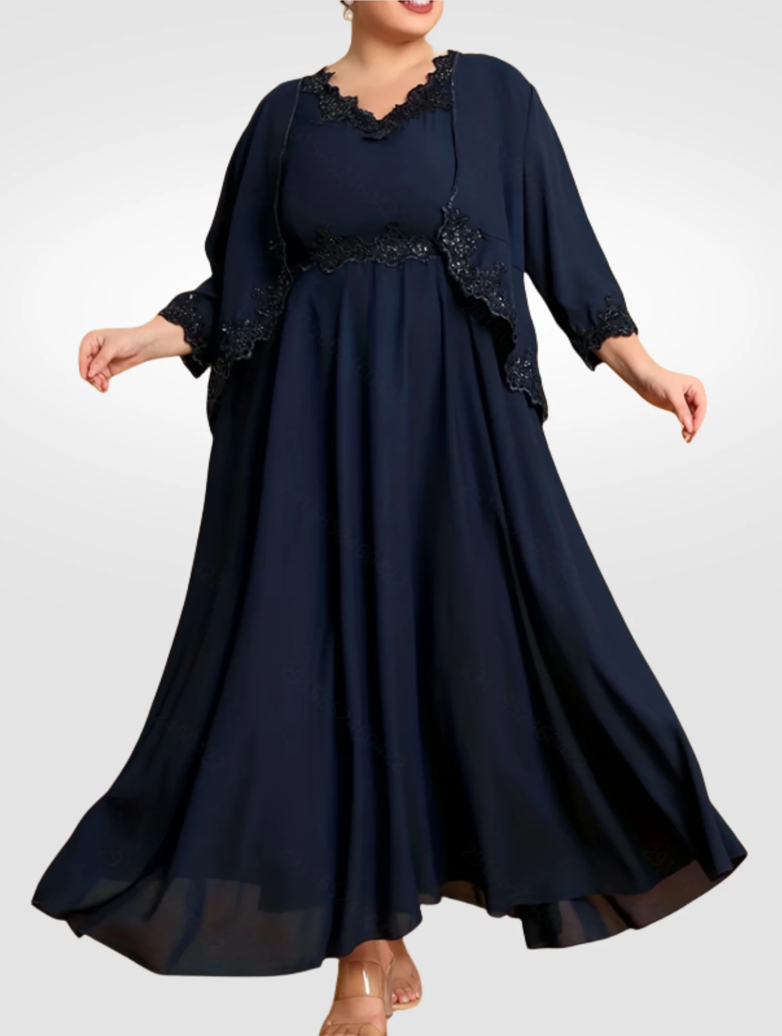 

Plus Size Beading Appliques Lace Sequins Two Pieces Maxi Dresses 4XL 5XL