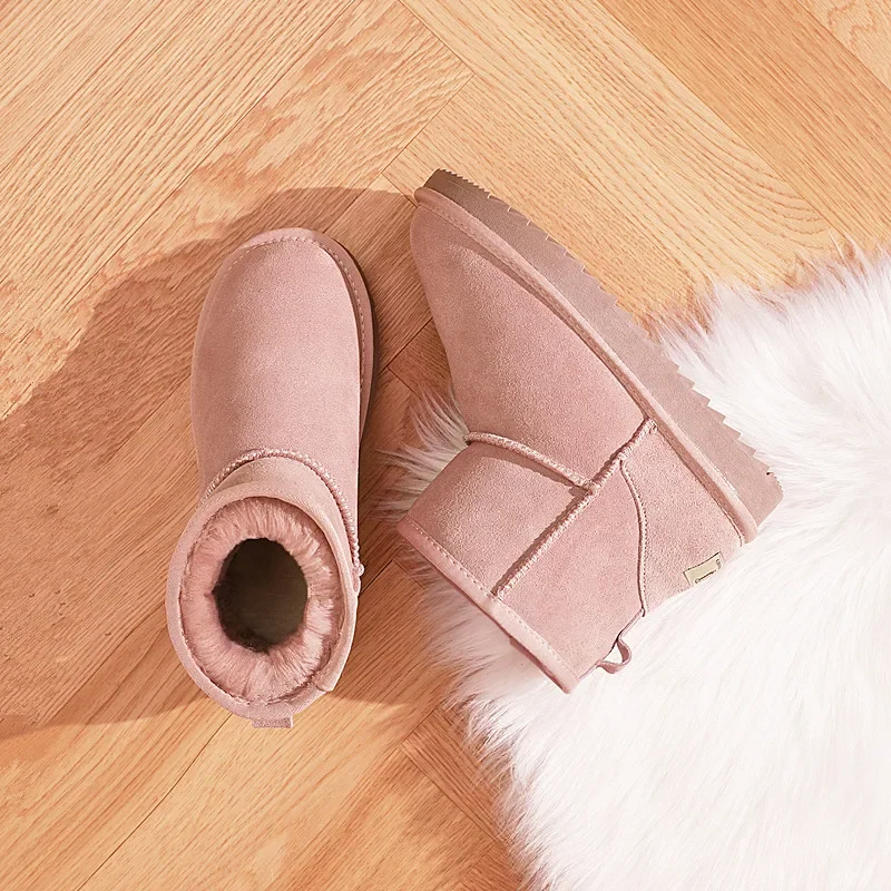 Classic 2023 genuine leather snow boots for women with plush and thickened flat bottomed plush  low heeled Korean cotton shoes